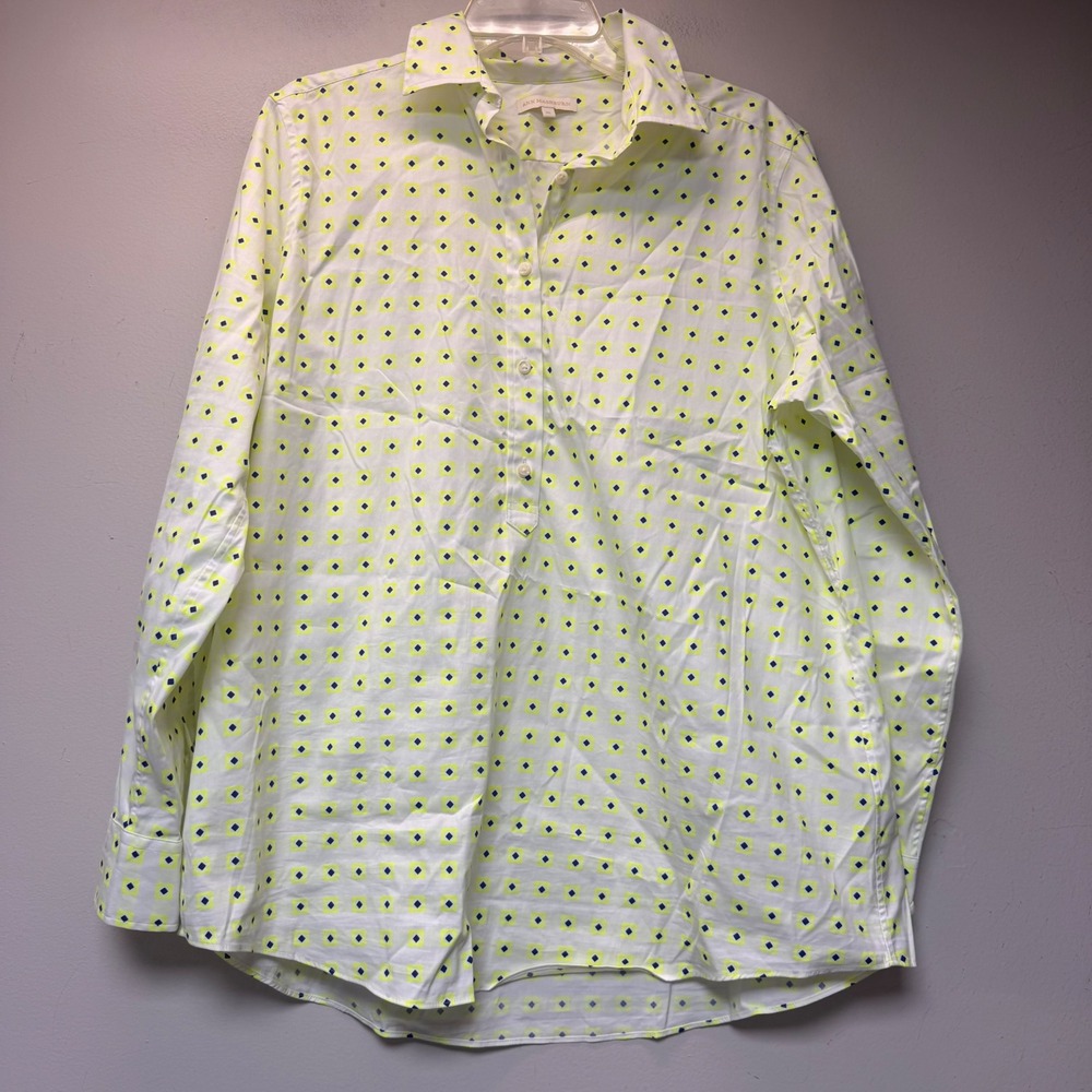 Ann Mashburn Button Down Shirt Women XL White Neon Yellow Geometric Excellent